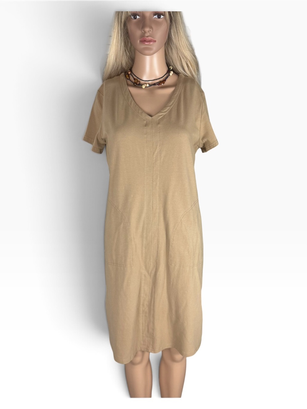 Linea by Louis Dell’Olio Dress S Cotton Stretch V Neck Pockets Tan Knee Length